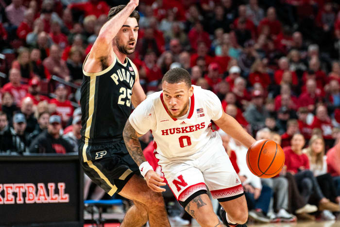 Nebraska guard C.J. Wilcher drives against Purdue guard Ethan Morton during the first half Tuesday night at Pinnacle Bank Arena in Lincoln. (Jan 9, 2024)